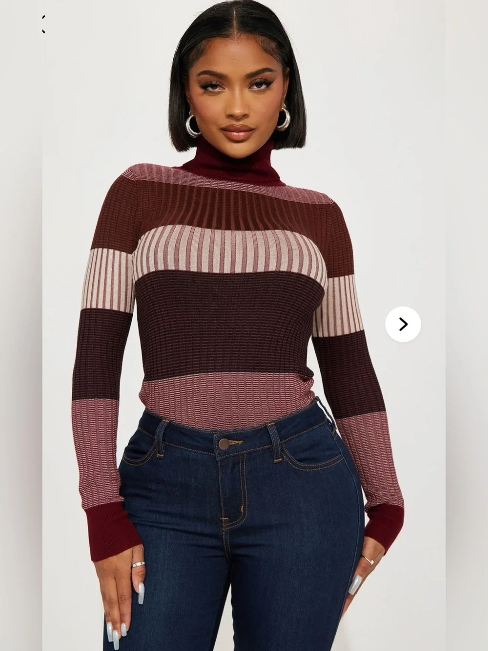 Fashion Nova Ribbed Striped Turtleneck Sweater - Burgundy, Pink, Cream